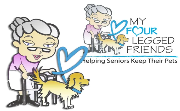 Illustration of a smiling grandmother walking her golden retriever, with the My Four Legged Friends logo: helping seniors keep their pets