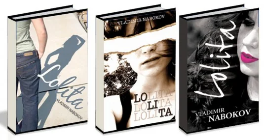 Three alternative cover designs for Vladimir Nabokov's Lolita shown as hardback mock-ups