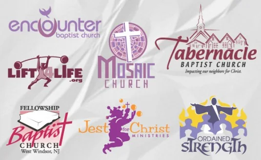 Logo collection: Encounter Baptist Church, Mosaic Church, Tabernacle Baptist Church, Lift4Life, Fellowship Baptist Church, Jest for Christ Ministries and Ordained Strength
