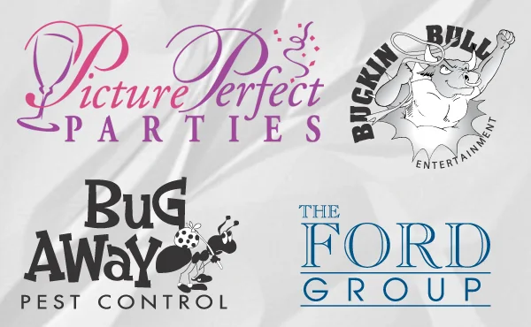 Logo collection: Picture Perfect Parties, Buckin' Bull Entertainment, Bug Away Pest Control and The Ford Group