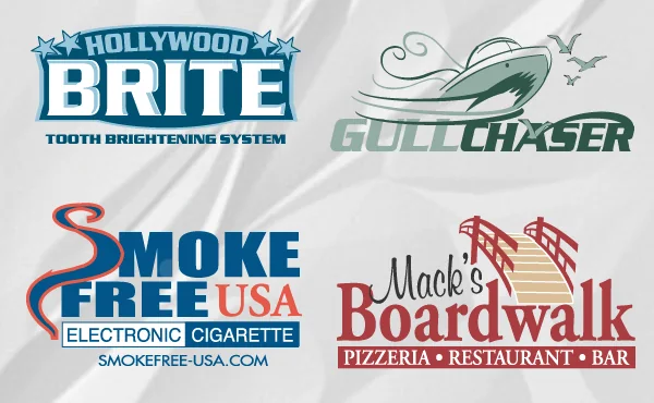 Logo collection: Hollywood Brite tooth brightening, Gullchaser, Smoke Free USA electronic cigarettes and Mack's Boardwalk pizzeria