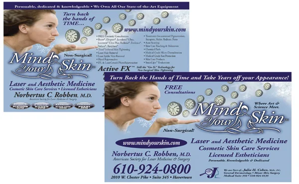 Two Mind Your Skin print ads offering free consultations with Norbertus C. Robben, M.D.