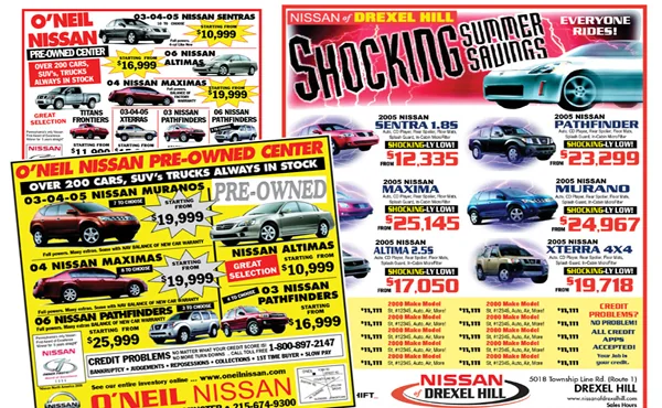 Two busy newspaper ads for O'Neil Nissan and Nissan of Drexel Hill, including a Shocking Summer Savings event