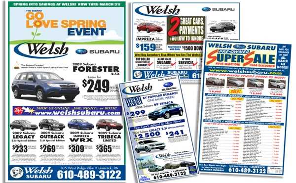 Four full-colour Welsh Subaru newspaper ads featuring the Forester, Impreza and a Super Sale